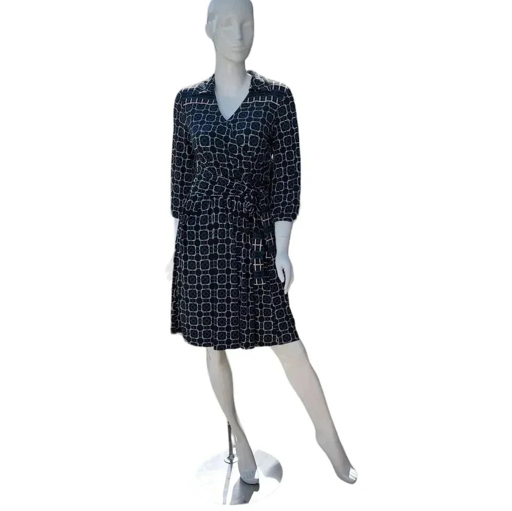 Talbots Petites Geometric Belted Dress Size 4 Blue/ Brown/ White/Turqouise - Picture 3 of 12